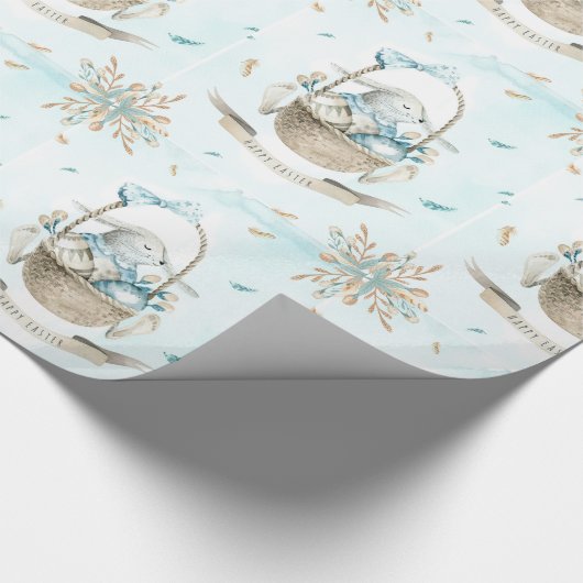 バニーの花と卵を持つイースターバスケット ラッピングペーパー (角)