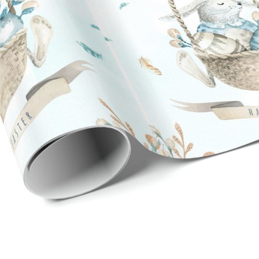 バニーの花と卵を持つイースターバスケット ラッピングペーパー (ロールコーナー)