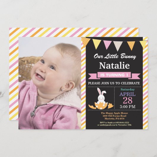 バニーの誕生日の女の子のイースターエッグの誕生日 招待状 (正面/裏面)