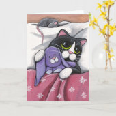 バニーのHugz |のタキシードの猫およびおもちゃのバニーのイラストレーション カード (黄色い花)