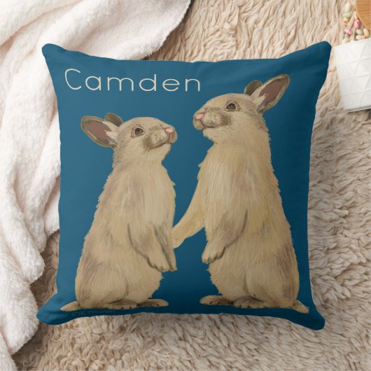 バニーは枕で(青い)あなたの子供の名前を絵を描きました クッション (ブランケット)