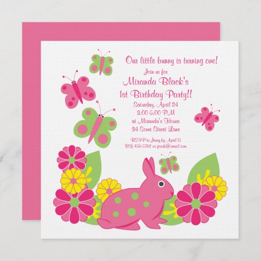 バニーアンドバタフライガールズ誕生日招待状 招待状 (正面/裏面)