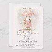 バニーアンブレラピンクウォーターカラーガールベビーシャワー 招待状 (正面)