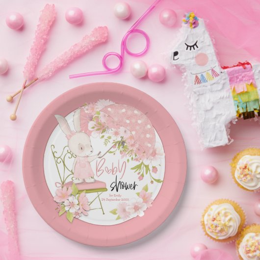 バニーアンブレラ花名日付ピンク赤ちゃんシャワー ペーパープレート (パーティー)