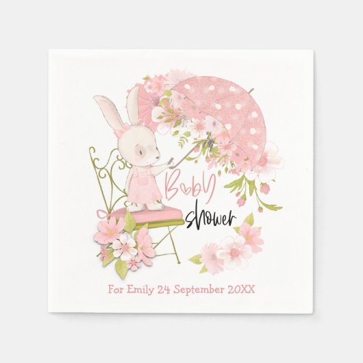 バニーアンブレラ花模様ピンクネームガールベビーシャワー スタンダードカクテルナプキン (正面)