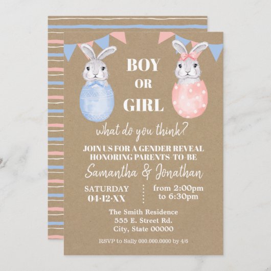 バニーイースタージェンダーが男の子または女の子の赤ちゃんシャワーを明らかにする 招待状 (正面/裏面)