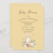 バニーウォータカラーフローライエローガールベビーシャワー 招待状 (正面/裏面)