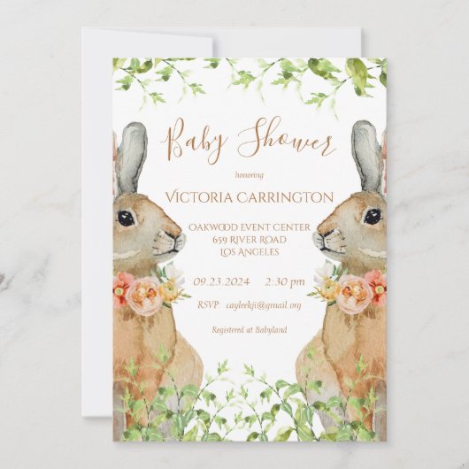 バニーウォータカラーフローラピンクガールベビーシャワーInvi 招待状 (正面)