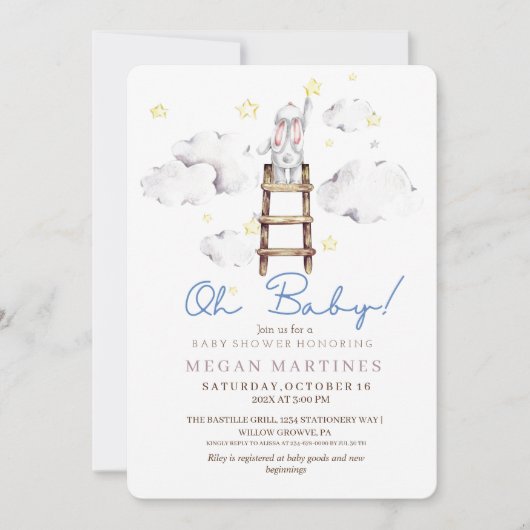 バニーウォーターカラーエレガントかわいい男の子の赤ちゃんシャワー 招待状 (正面)