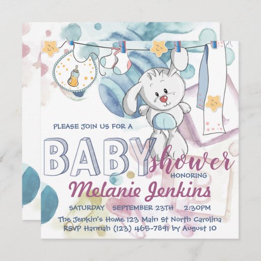 バニーウォーターカラー美しい明るい赤ちゃんシャワー 招待状 (正面/裏面)