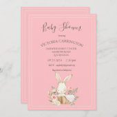 バニーウォータースカラーフローラピンクガール赤ちゃんシャワー 招待状 (正面/裏面)