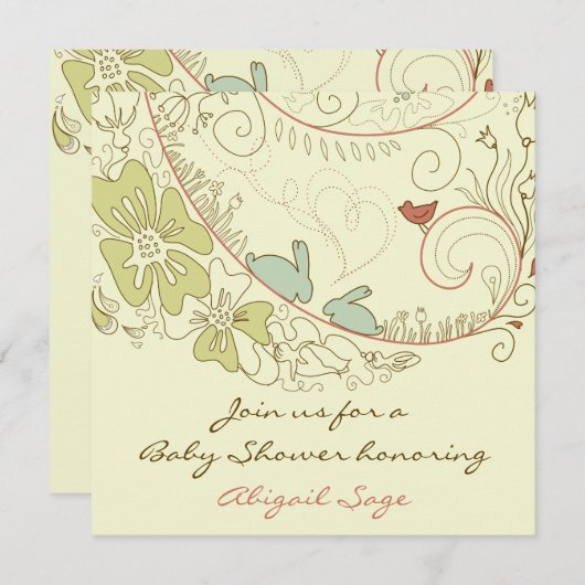 バニーウサギと花ニュートラル赤ちゃんシャワー 招待状 (正面/裏面)