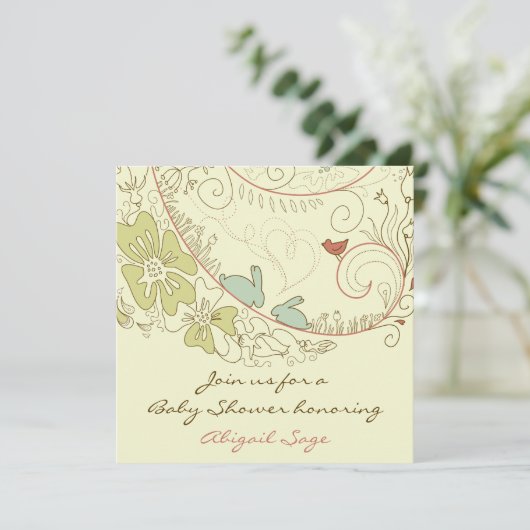 バニーウサギと花ニュートラル赤ちゃんシャワー 招待状 (スタンド正面)