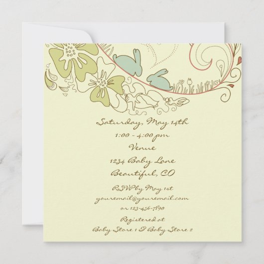 バニーウサギと花ニュートラル赤ちゃんシャワー 招待状 (裏面)