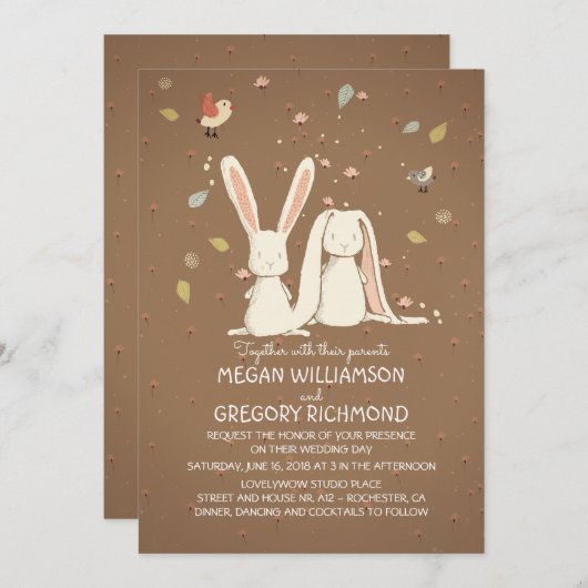 バニーウサギのかわいく素朴な森林結婚式 招待状 (正面/裏面)