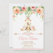 バニーウサギのベビーシャワーの森林Bohoの種族の女の子 招待状 (正面)