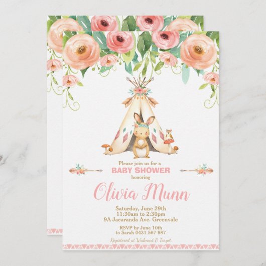 バニーウサギのベビーシャワーの森林Bohoの種族の女の子 招待状 (正面/裏面)