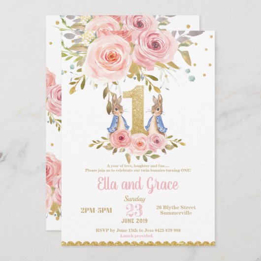 バニーウサギの双生児の女の子の第1誕生日の招待状 招待状 (正面/裏面)