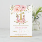 バニーウサギの双生児の女の子の第1誕生日の招待状 招待状 (スタンド正面)