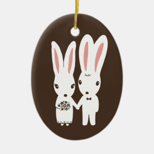 バニーウサギの新郎新婦の結婚式の記念品 セラミックオーナメント
