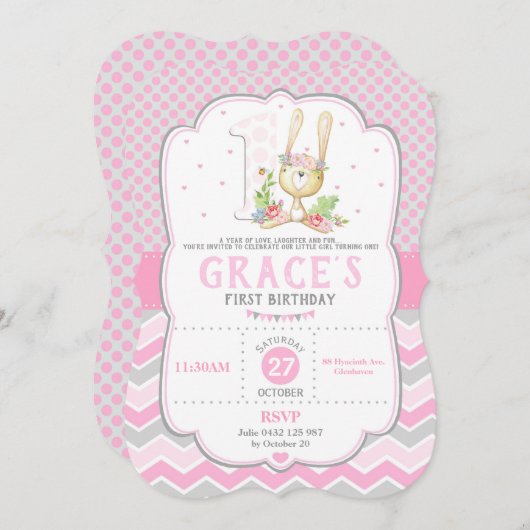 バニーウサギの第1誕生日の招待状のピンクの女の子 招待状 (正面/裏面)