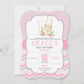 バニーウサギの第1誕生日の招待状のピンクの女の子 招待状 (正面)