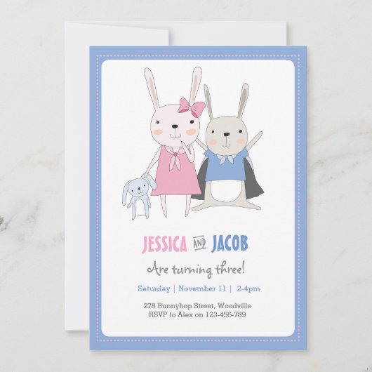 バニーウサギは誕生日の招待状を結び付けます 招待状 (正面)