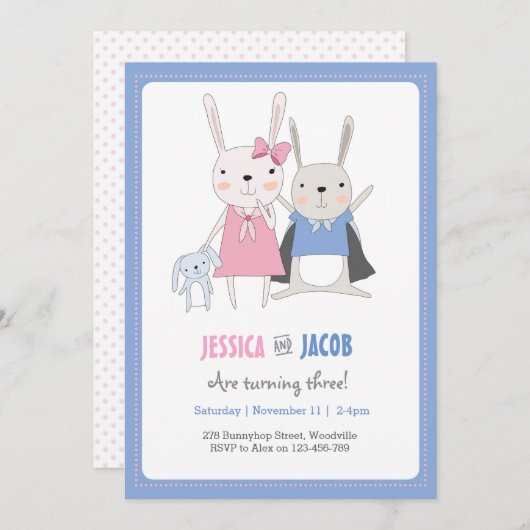 バニーウサギは誕生日の招待状を結び付けます 招待状 (正面/裏面)