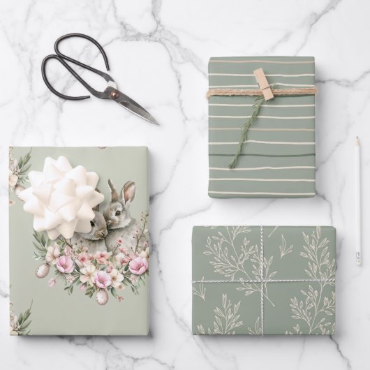 バニーウサギフローライースターブランチオリーブカラー ラッピングペーパーシート (正面)