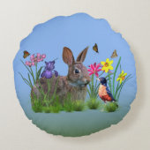 バニーウサギ、カスタマイズ可能なロビンおよび花 ラウンドクッション (裏面)