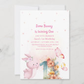 バニーエレガントファースト1歳の誕生日ベビーガール 招待状 (正面)