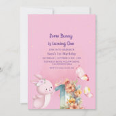 バニーエレガント最初の1歳の誕生日ベビーガールピンク 招待状 (正面)