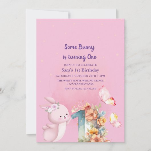 バニーエレガント最初の1歳の誕生日ベビーガールピンク 招待状 (正面)