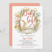 バニーオーバルチューリップフレーム春ガールベビーシャワー 招待状 (正面/裏面)