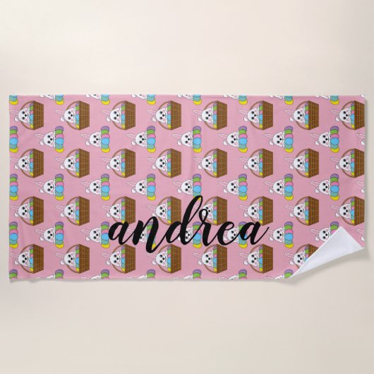 バニーカラフルイースターエッグハントバスケット |カスタマイズ ビーチタオル (正面)