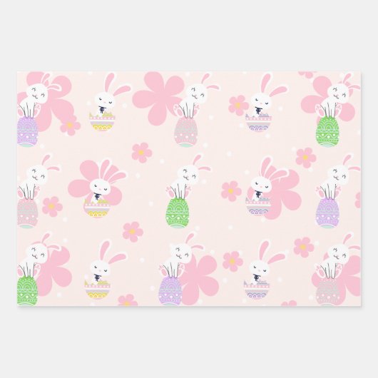 バニーカラフルイースター卵の花のパターン ラッピングペーパーシート (正面)