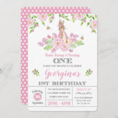 バニーガーリー1歳の誕生日パーティーピンクガーデンフローラ 招待状 (正面/裏面)