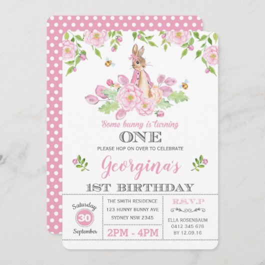 バニーガーリー1歳の誕生日パーティーピンクガーデンフローラ 招待状 (正面/裏面)