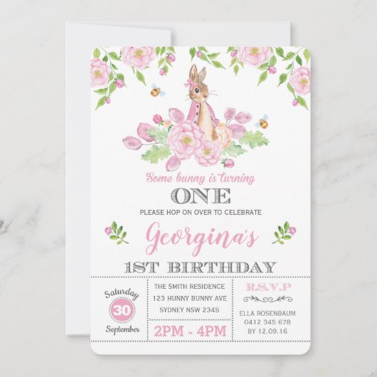 バニーガーリー1歳の誕生日パーティーピンクガーデンフローラ 招待状 (正面)