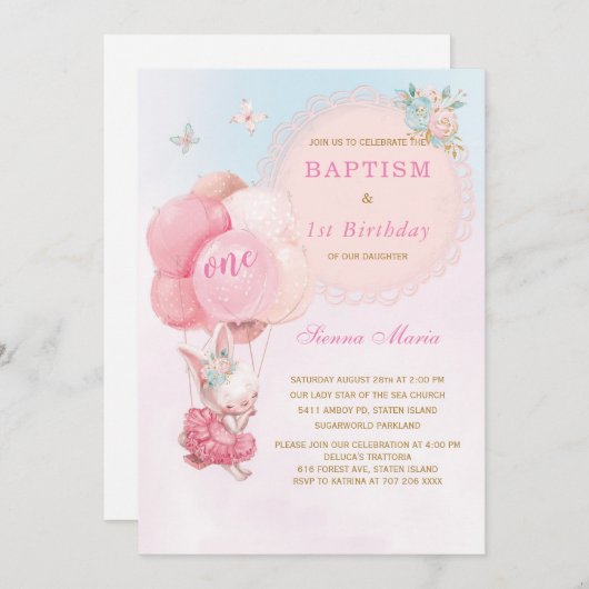 バニーガールファースト誕生日&バプテスマ招待状 招待状 (正面/裏面)