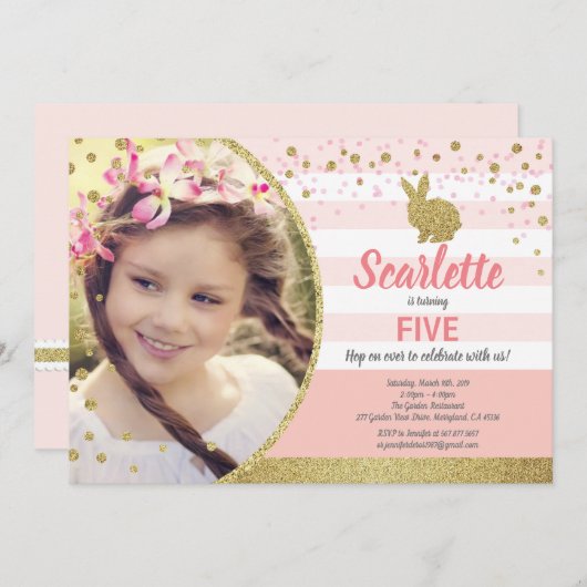 バニーガール誕生日写真の招待ピンク金ゴールド 招待状 (正面/裏面)