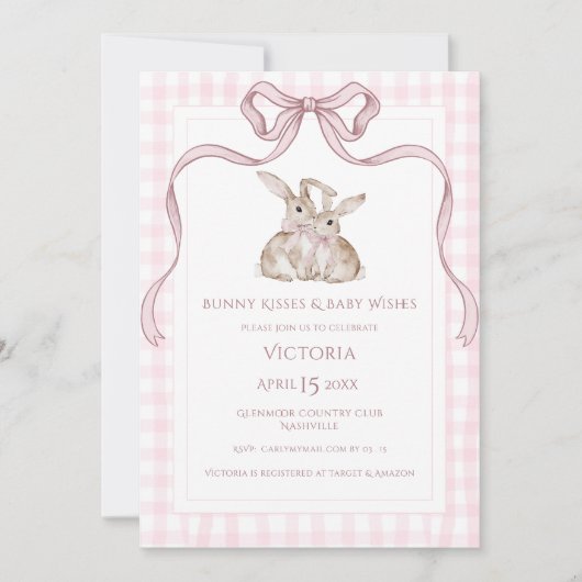 バニーキス&ベビーウィズピンク赤ちゃんシャワー 招待状 (正面)