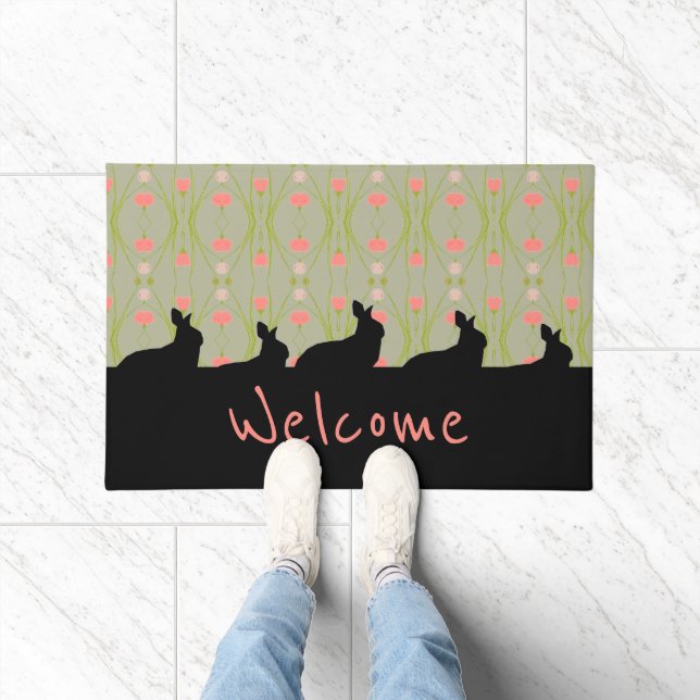 バニーシルエット付きグレーグリーン ドアマット (室内)