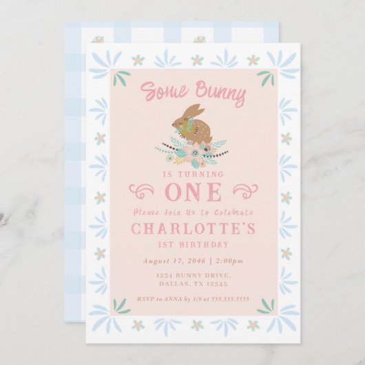 バニースウィートピンクブルーキッド最初の誕生日パーティー 招待状 (正面/裏面)