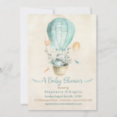 バニーティール(緑がかった色)ブルーホットエアバルーンベビーシャワー 招待状 (正面)