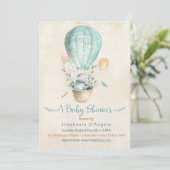 バニーティール(緑がかった色)ブルーホットエアバルーンベビーシャワー 招待状 (スタンド正面)