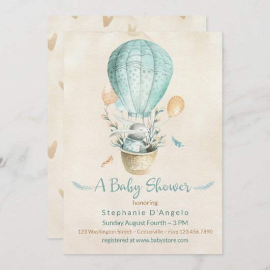 バニーティール(緑がかった色)ブルーホットエアバルーンベビーシャワー 招待状 (正面/裏面)