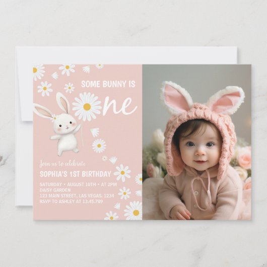 バニーデイジーピンクガール誕生日フォト招待状 招待状 (正面)