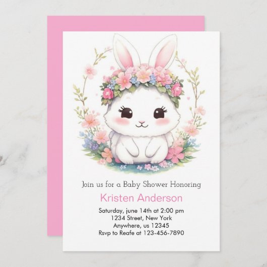 バニーデリライトガールベビーシャワー 招待状 (正面/裏面)