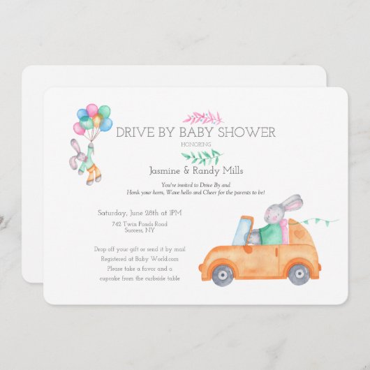 バニードライブバイベビーシャワー招待状 招待状 (正面/裏面)